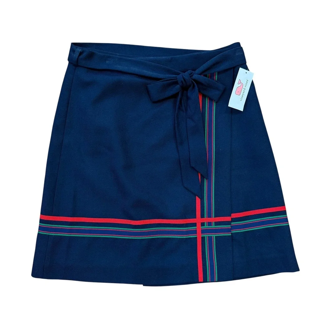Vineyard Vines‎ Wool Skirt Tartan Wrap Navy Size 8 NWT Grosgrain Skirt